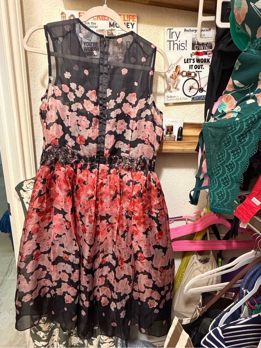 Sleeveless Floral Chiffon Midi Dress in Black and Pink